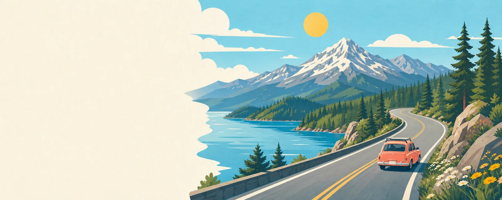 A coral car following a lakeside mountain highway on a bright summer day